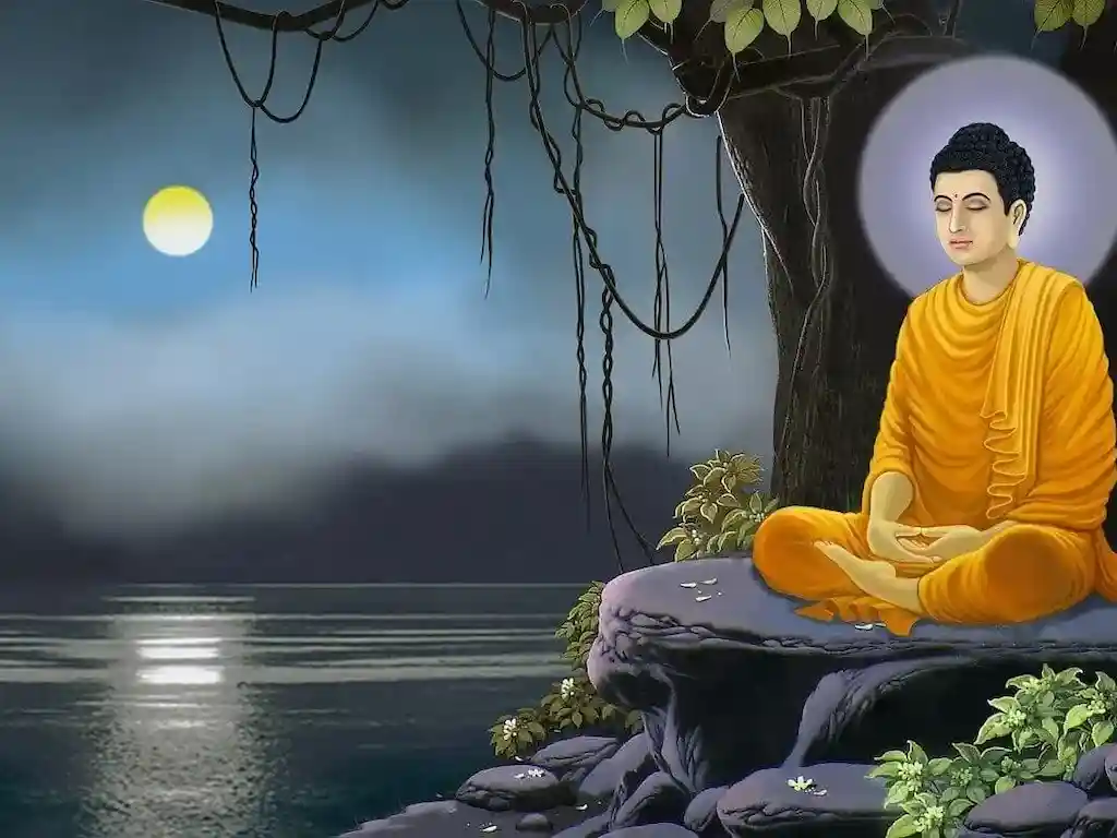 Buda kimdir konulu görselde, Buda Bodhi Ağacı altında meditasyon yapıyor.
