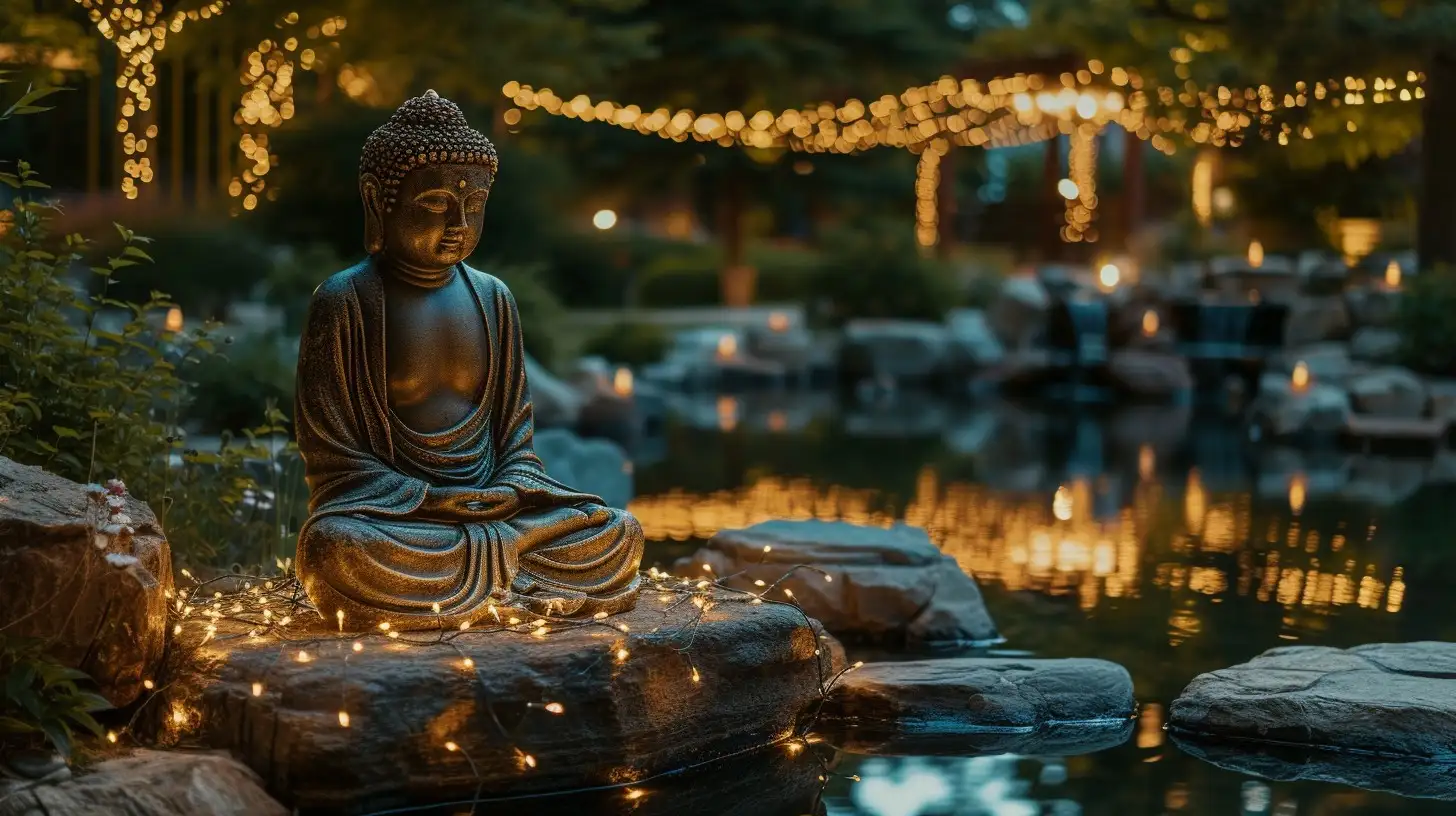 Gölet kenarında, kaya üzerinde oturan taş Buda heykeli; çevresinde sarmaşık ışıklarla süslenmiş ağaçlar ve suda yansıyan ışıklarla aydınlanan meditasyon alanı.