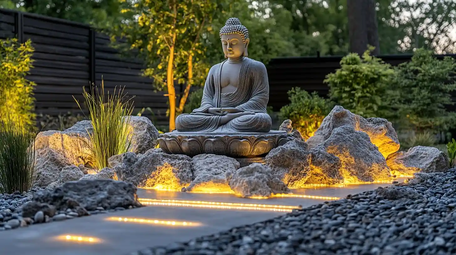 Yerden aydınlatmalı taş yoldan ulaşılan, lotus kaideli büyük Buda heykeliyle çevrili ağaçlıklı meditasyon bahçesi; sarı ışıklarla vurgulanan kayalar ve ahşap çit arka planda yer alıyor.