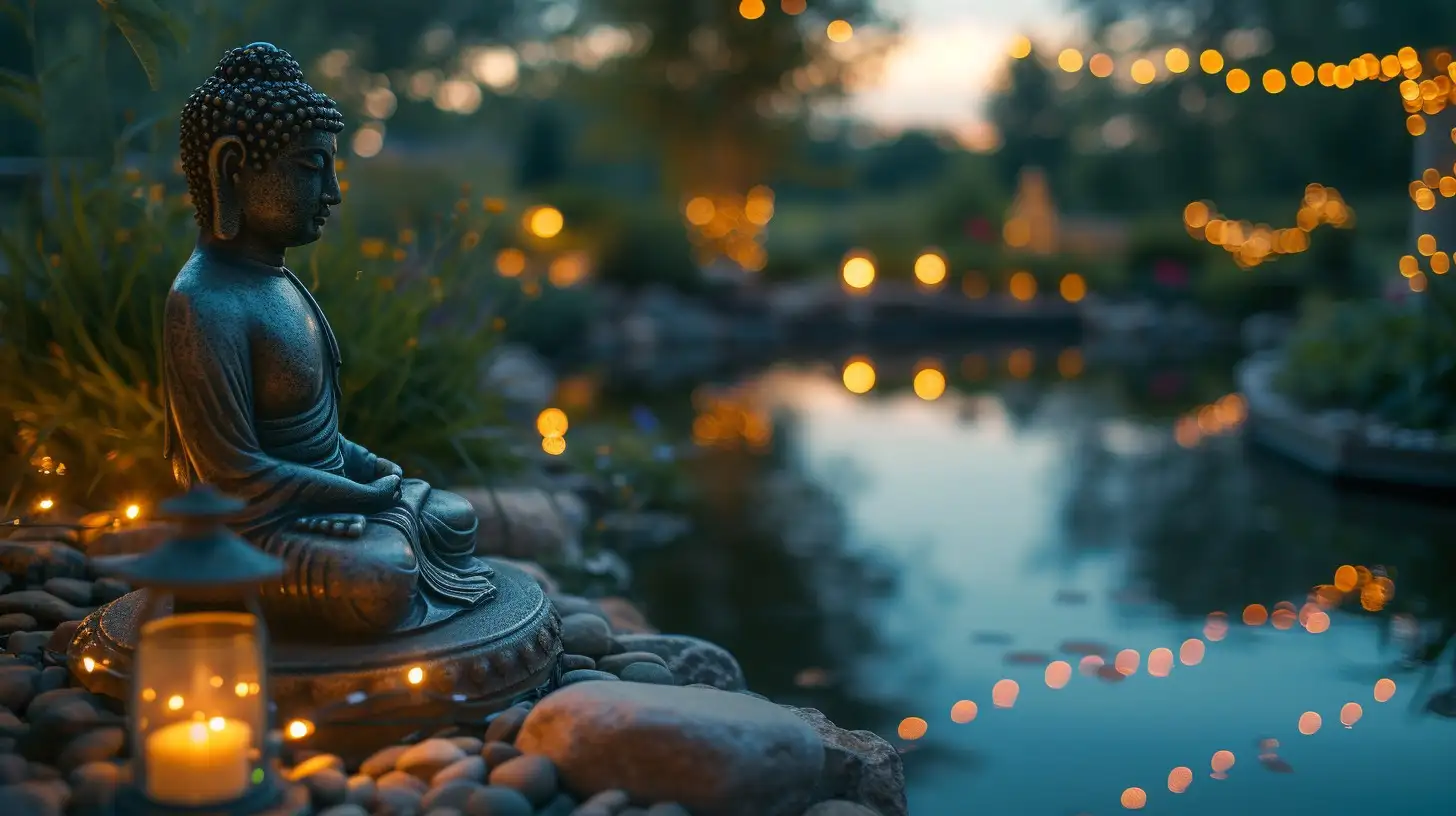Gölet kenarında çakıl zemin üzerinde oturan Buda heykeli; çevresinde düşük yer ışıkları, suya yansıyan dekoratif ışıklar ve doğal bitki örtüsüyle çevrili bir meditasyon alanı.