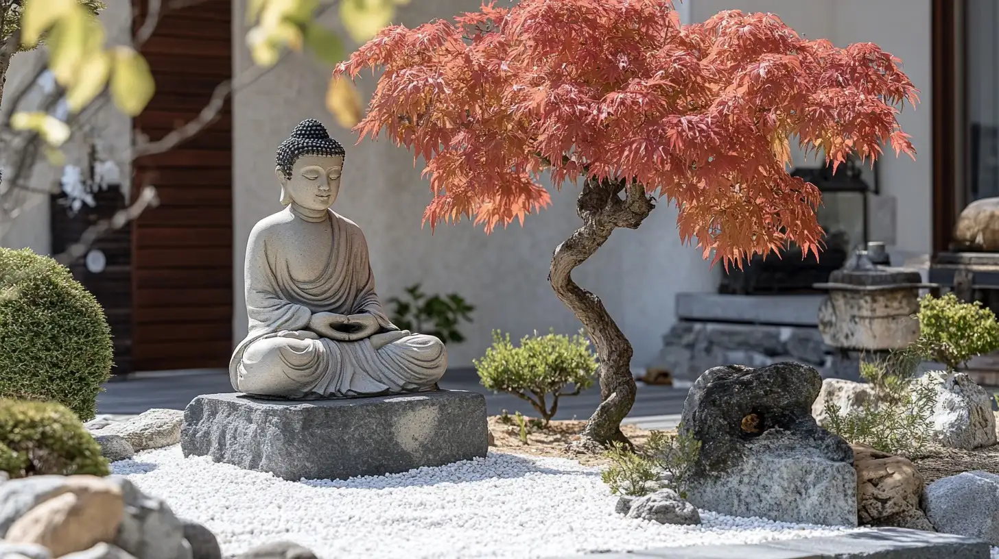 Beyaz çakıllarla kaplı geleneksel Japon bahçesinde, taş kaide üzerinde oturan Buda heykeli; çevresinde kırmızı yapraklı ağaç, kayalar, yeşil bitkiler ve arka planda taş-ahşap yapılı mimari yer alıyor.