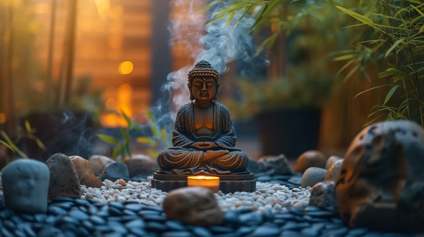 Tütsü dumanıyla çevrili taş Buda heykeli; önünde yakılmış küçük mum, çakıl taşları ve bambularla çevrelenmiş sakin bir açık hava meditasyon alanı.
