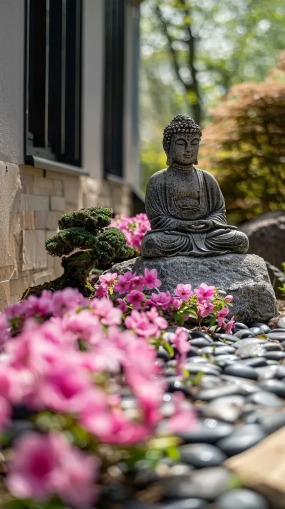 Büyük bir kayanın üzerinde oturan taş Buda heykeli; çevresinde siyah çakıl taşları, pembe çiçekler, küçük bir bonsai ağacı ve arka planda açık renkli tuğla duvar yer alan sakin bir bahçe alanı.