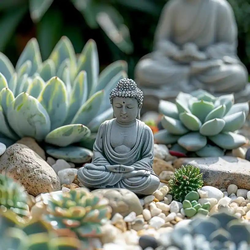 Büyük bir kayanın üzerinde oturan taş Buda heykeli; çevresinde siyah çakıl taşları, pembe çiçekler, küçük bir bonsai ağacı ve arka planda açık renkli tuğla duvar yer alan sakin bir bahçe alanı.