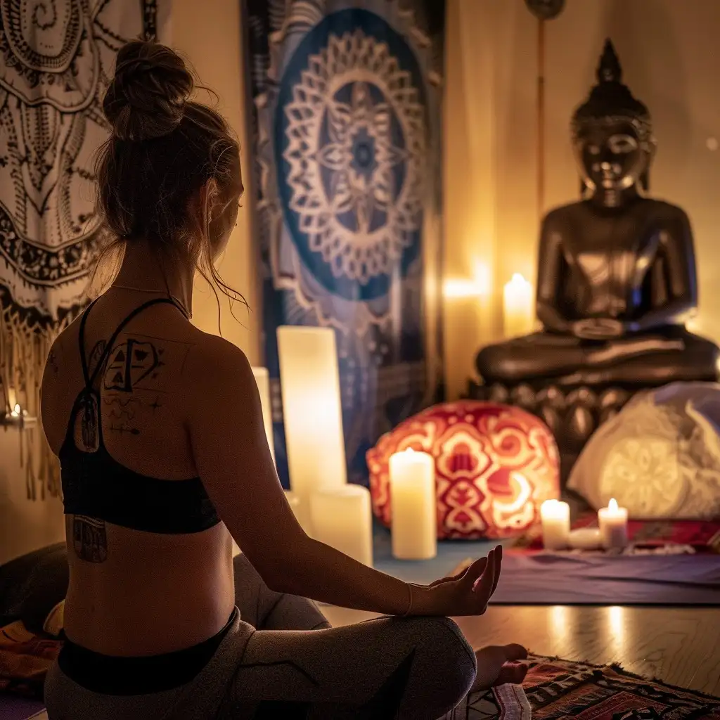 Loş ışıklı iç mekânda meditasyon yapan kişi; arka planda Buda heykeli, yakılmış mumlar, desenli duvar örtüsü ve renkli yastıklarla oluşturulmuş spiritüel bir farkındalık köşesi.