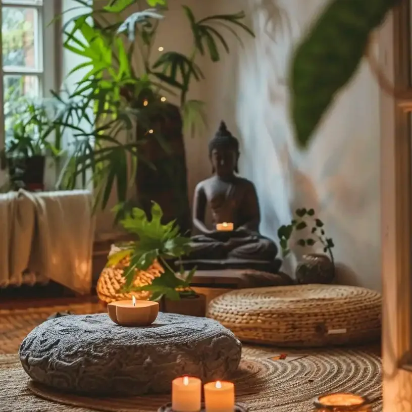 Kapalı alanlarda meditasyon için yeşil doğal dokular, mum ışıkları ve Buda heykeliyle tasarlanmış huzurlu meditasyon alanı.