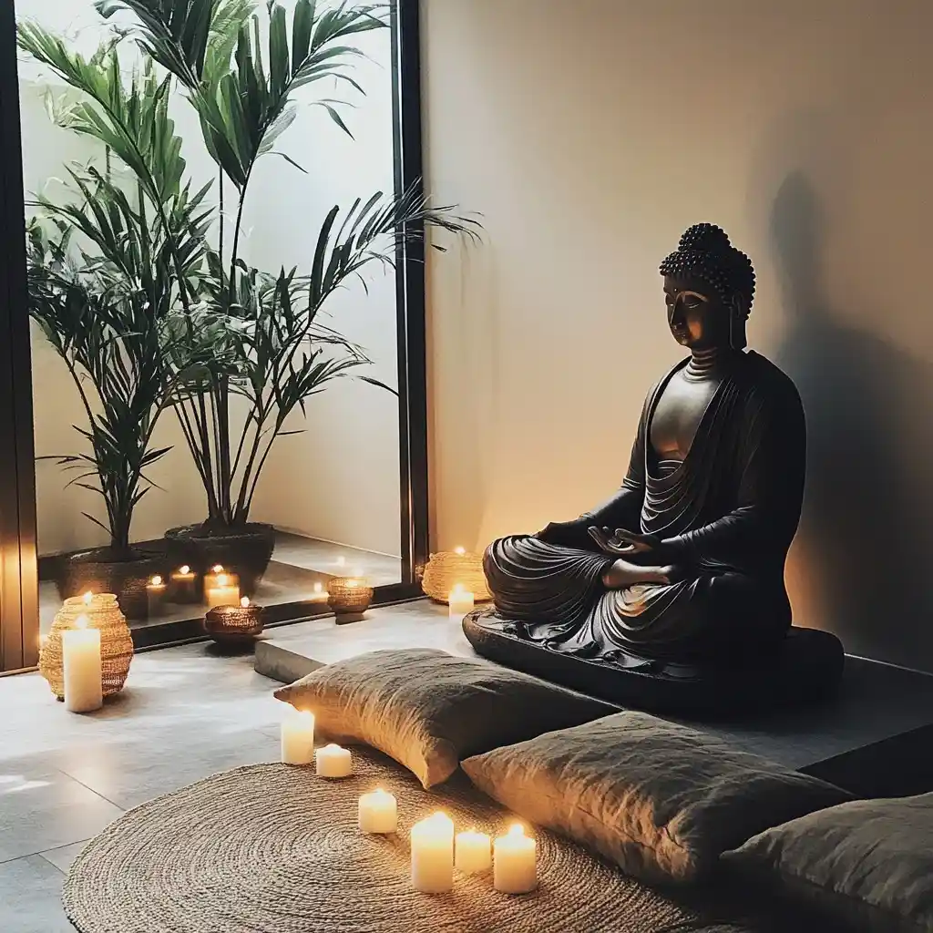 Gün ışığıyla aydınlanan ev ve kapalı alanlarda meditasyon için doğal dokular, yeşillikler ve Buda heykeli ile oluşturulmuş huzurlu meditasyon köşesi.