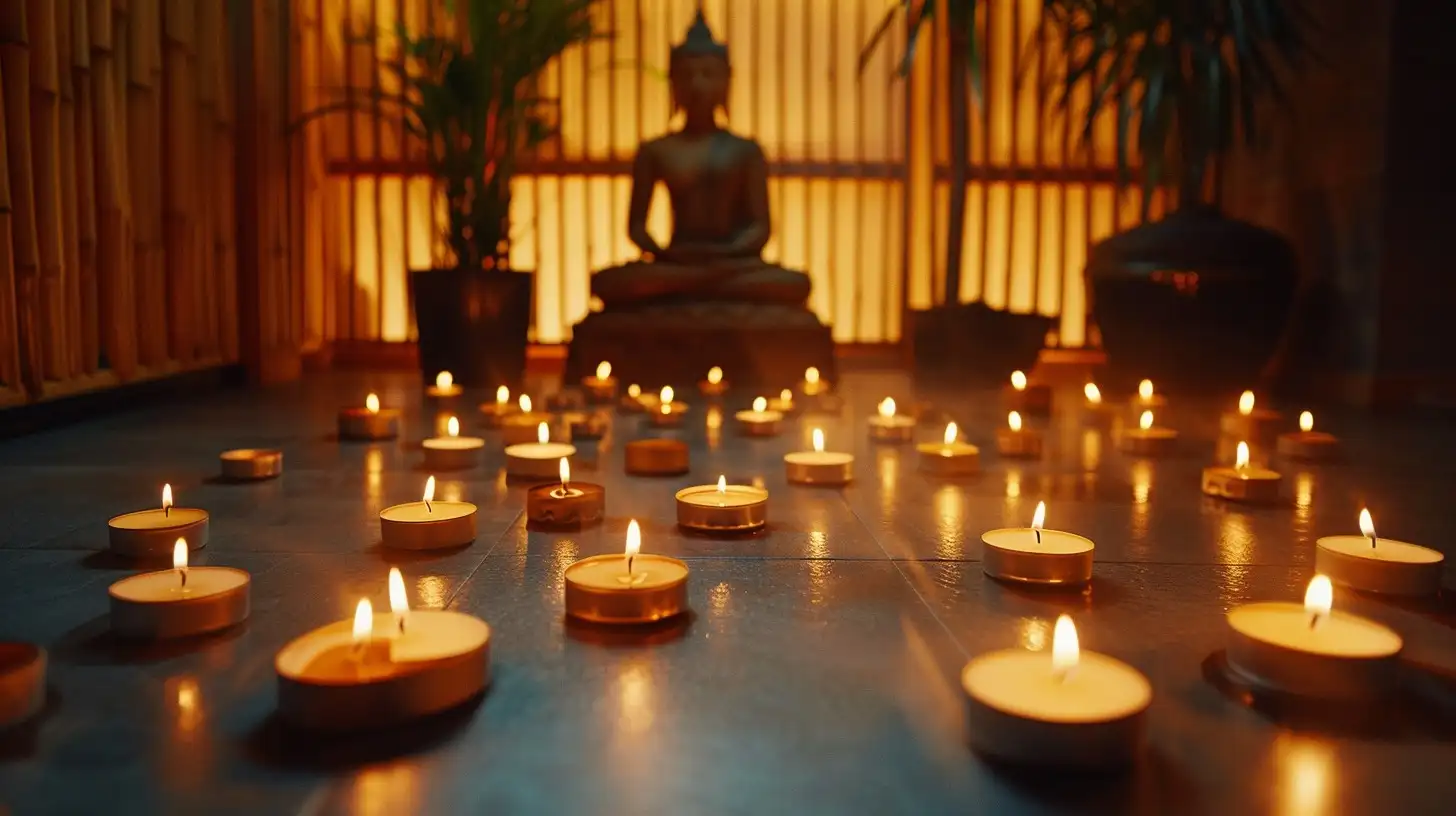 Ev ve kapalı alanlarda meditasyon için tealight mumlarla aydınlatılmış, taş zeminli, Buda heykeli silueti ve ahşap panellerle sade ve dingin meditasyon alanı.