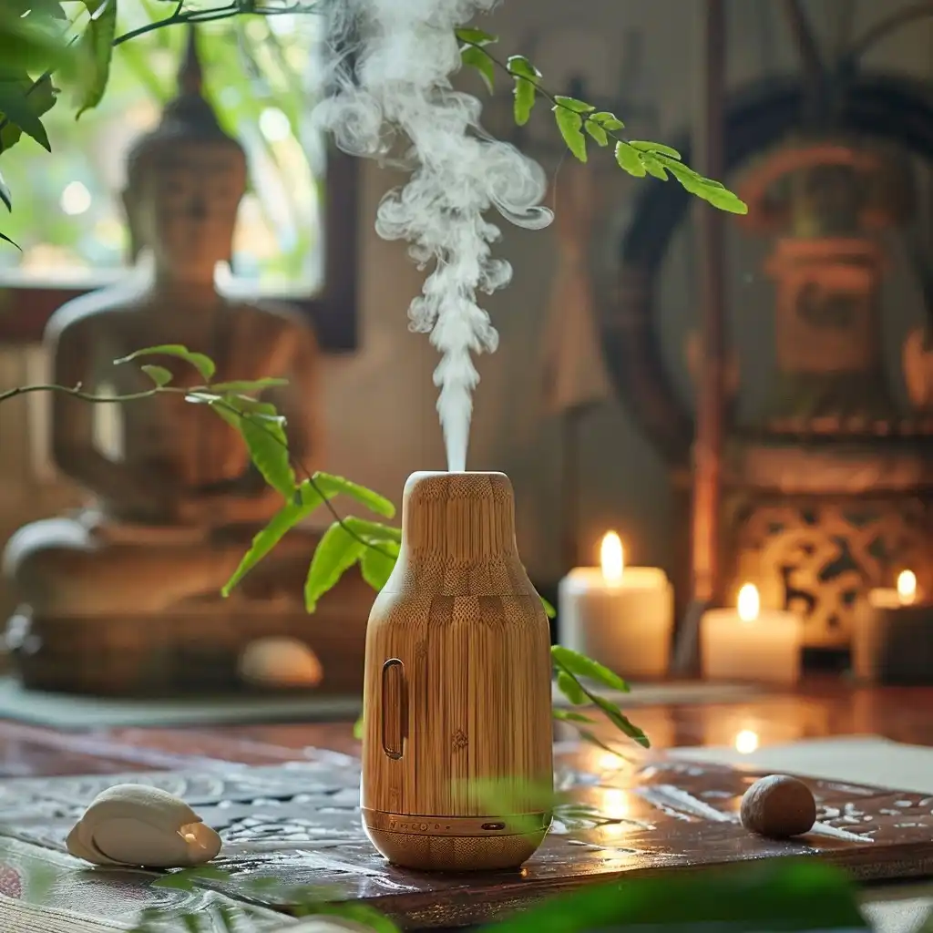 Bambu detaylar, ahşap difüzör tütsülük ve mum ışığı ile ev ve kapalı alanlarda meditasyon için huzurlu, doğal malzemelerle tasarlanmış meditasyon köşesi.