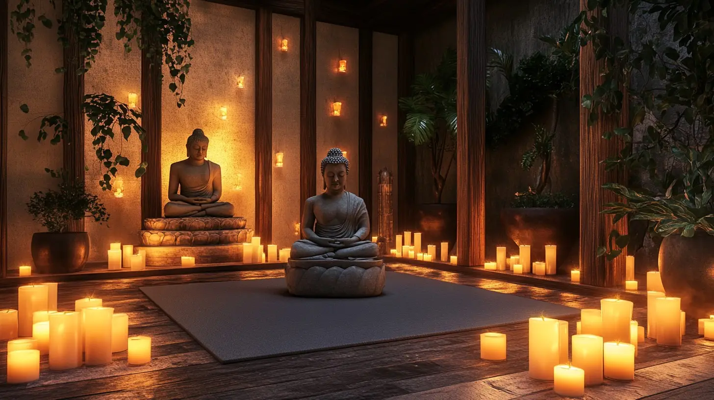 Meditasyon için doğal dokulu ahşap zeminler, mum ışıkları ve Buda heykeli ile oluşturulmuş huzurlu ve dengeli meditasyon alanı.