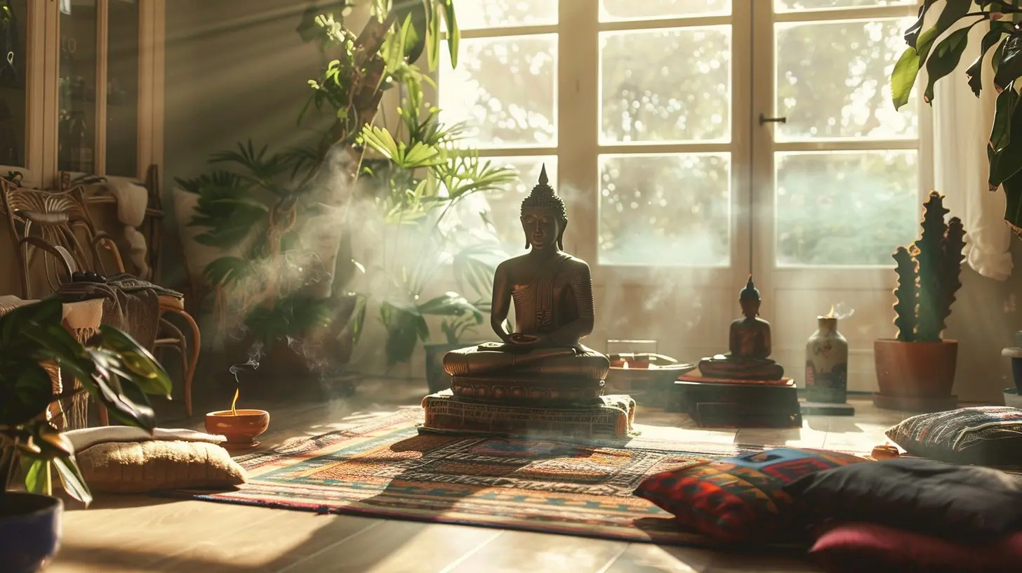 Ev ve kapalı alanlarda meditasyon için doğal ışıkla aydınlanmış, Buda heykeli, renkli minderler ve tütsüyle dekore edilmiş sıcak ve huzurlu meditasyon alanı.