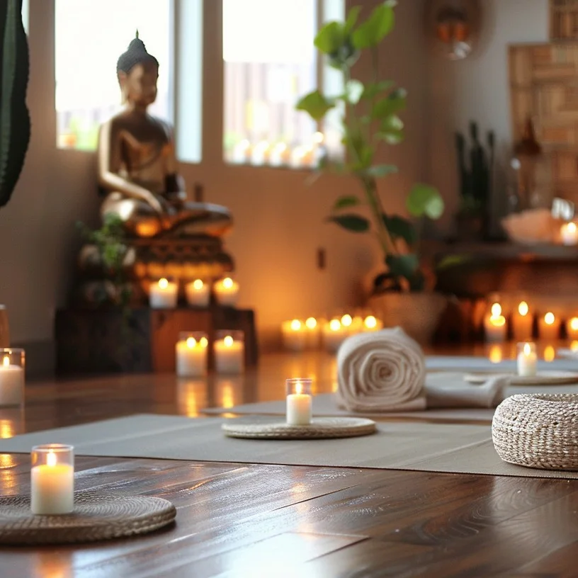 Hasır minderler, mumlar ve doğal ışıkla aydınlatılmış, Buda heykelinin bulunduğu sade ve huzurlu meditasyon alanı.