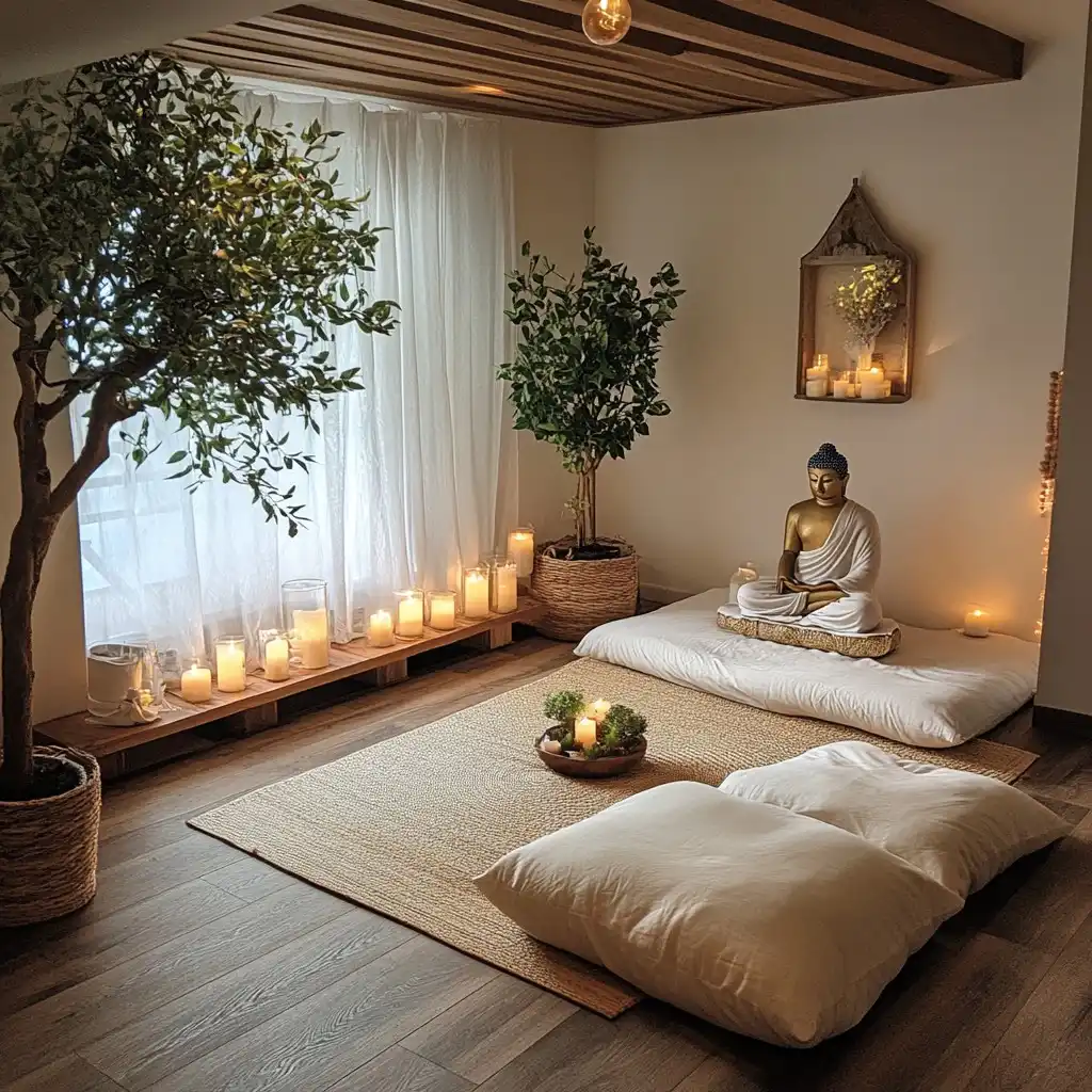 v ve kapalı alanlarda meditasyon için tasarlanmış, yumuşak mum ışıkları, örgü minderler ve bronz ile beyaz Buda heykelleri bulunan huzurlu meditasyon alanı, doğal bitkilerle zenginleştirilmiş.
