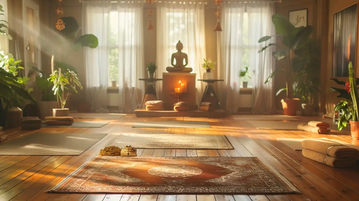 Minimalist meditasyon odasında ahşap zemin üzerinde dizili yoga matları, havlular ve doğal ışıkla aydınlanan, Buda heykeli ve mumlarla ruhsal odaklanma alanı.
