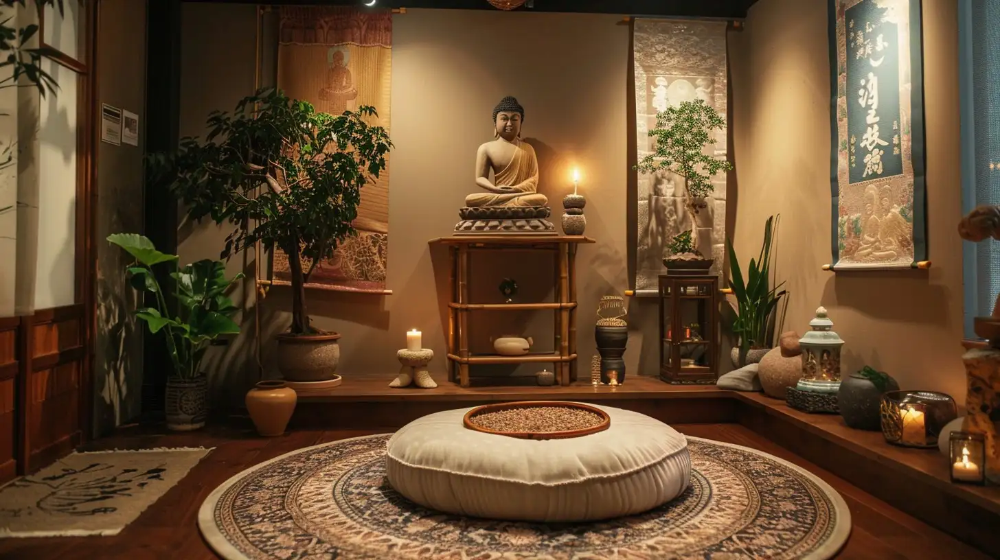 Yüksekçe yerleştirilmiş Buda heykeli, mumlar ve yuvarlak meditasyon minderiyle çevrili, taşlarla dolu tepsi ve bitkilerle süslenmiş huzurlu meditasyon alanı.