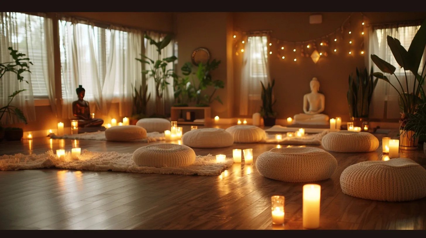 Ev ve kapalı alanlarda meditasyon köşesi, yumuşak mum ışıkları, Buda heykelleri ve doğal bitkilerle huzurlu atmosfer.