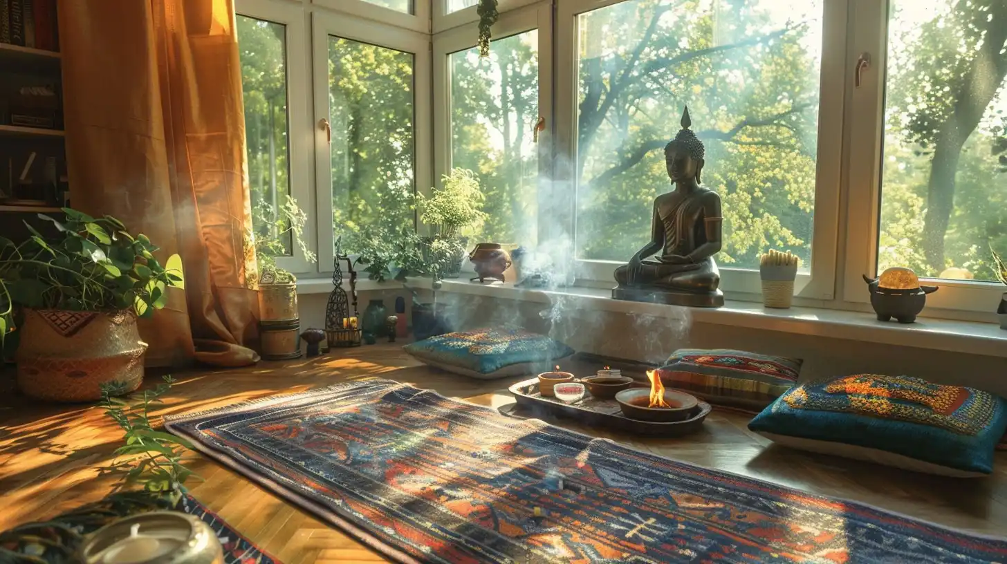 Ev ve kapalı alanlarda meditasyon köşesi, büyük Buda heykeli, yumuşak desenli halı, renkli yastıklar ve doğal saksı bitkileriyle huzurlu ve ritüel dolu bir ortam.