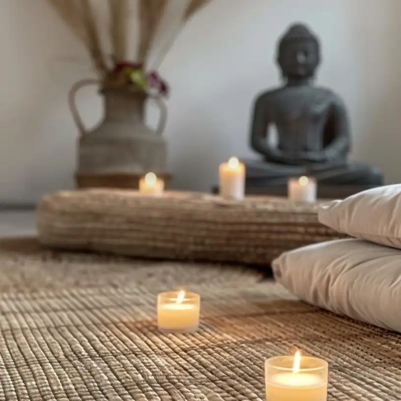 Beş mumla aydınlatılmış örgü mat üzerinde bir Buda heykeli, yanındaki beyaz yastıklarla birlikte huzurlu bir iç mekân meditasyon köşesi.