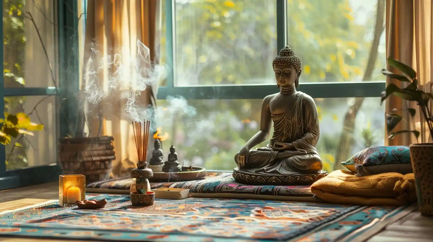 Meditasyon alanında desenli mat üzerine yerleştirilmiş oturur pozlu Buda heykeli; çevresinde yanan mum, tütsü, minder, doğal objeler ve pencere önünde saksı bitkisi bulunuyor.