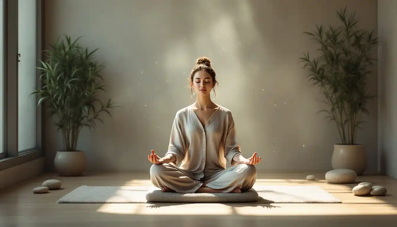 Geniş pencereden ışık alan, ahşap zeminde oturur pozisyonda kişiyle oluşturulmuş meditasyon alanı.