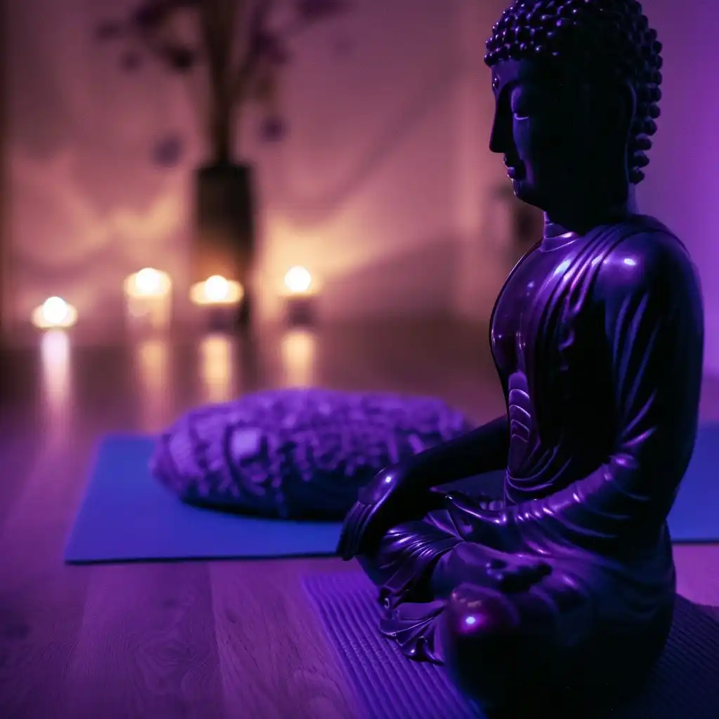 Mor tonlu ışıkla aydınlatılmış, iç mekânda Buda heykeliyle düzenlenmiş meditasyon köşesi. Etrafında mumlar, yastık ve çiçek vazosu yer alıyor.