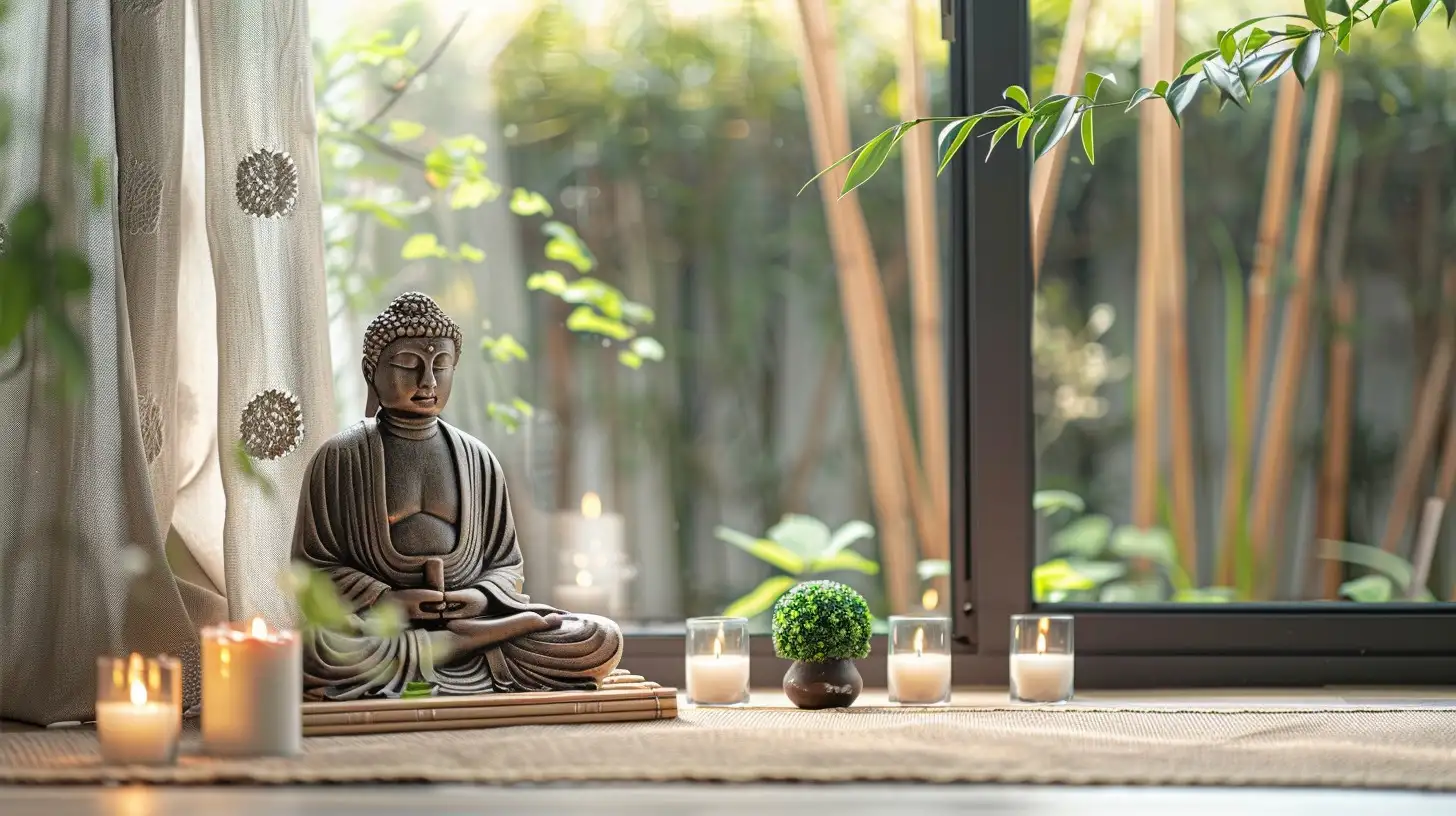 Cam önünde bambularla çevrili bir meditasyon köşesi; ortada oturan Buda heykeli, çevresinde yanan mumlar ve küçük bitkiler yer alıyor.