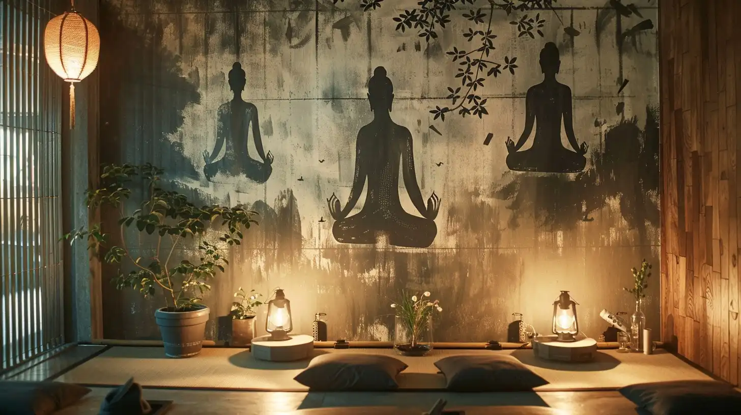 Tatami zeminli iç mekânda, arka duvarda üç meditasyon figürlü grafik bulunan; minderler, fenerler ve bitkilerle sadece dekore edilmiş meditasyon alanı.