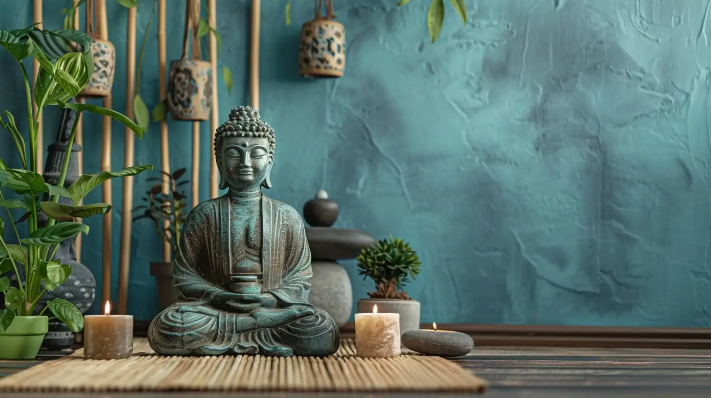 Bambu zemin üzerinde oturan pozlu Buda heykeli; çevresinde bambu çubuklar, büyük yapraklı yeşil bitkiler, bonsai ve yanan mumlarla dekore edilmiş iç mekân meditasyon alanı.