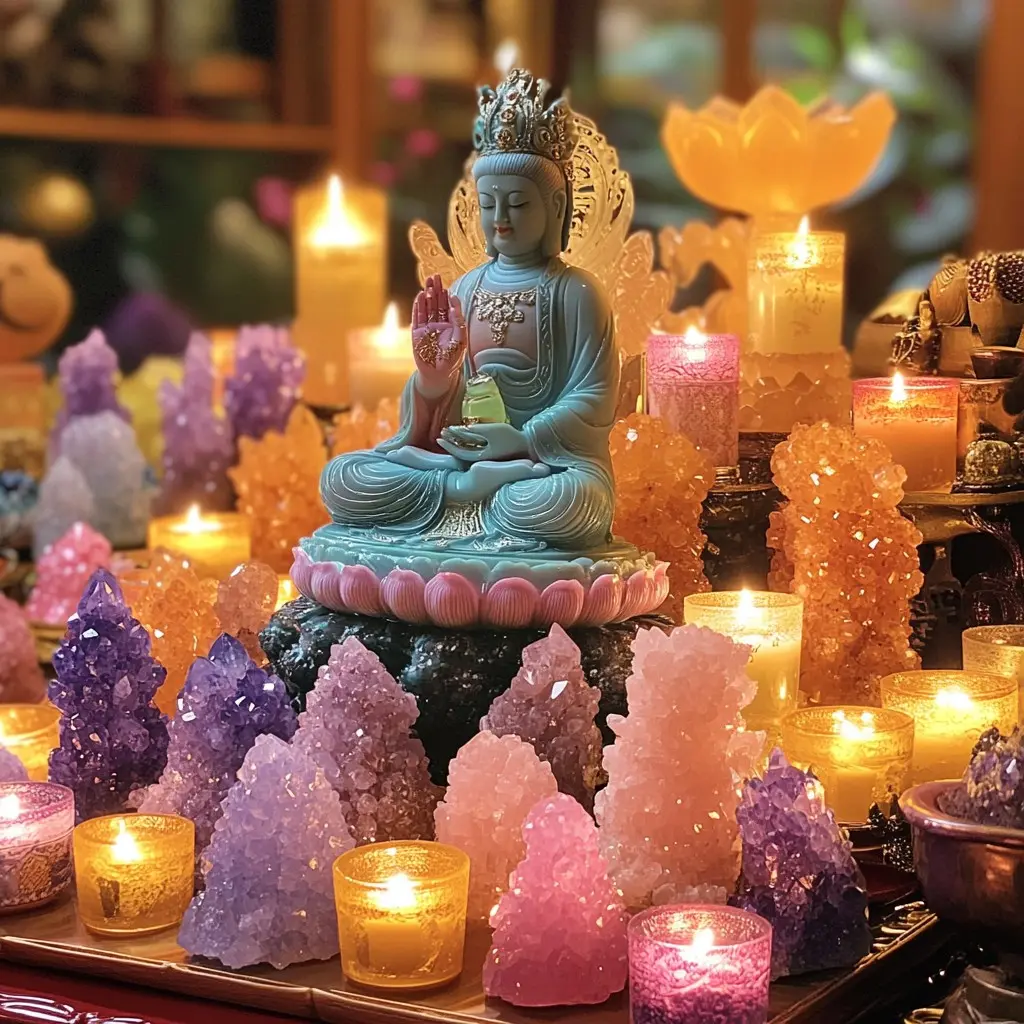 Lotus kaideli Buda heykeli, çevresinde mor ve pembe kristaller ile yanan mumların bulunduğu spiritüel sunak köşesi.