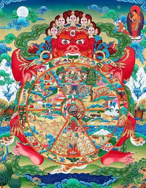 Budist Thangka resmi, karma ve yeniden doğuş temalarını içeren renkli dini sanat eseri