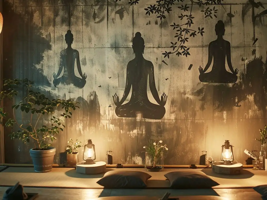 Zen ve günlük yaşamı temsil eden, duvarda meditasyon yapan 3 kişi resmi