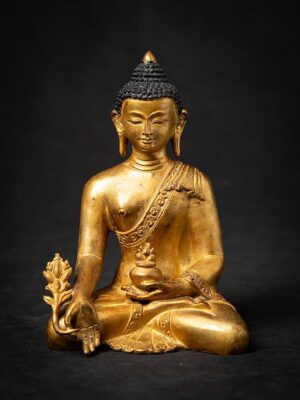 Bronz Bhaisajyaguru İlaç Buddha Heykeli, eli ilaç şişesi tutuyor, Bhumisparsha Mudra duruşunda