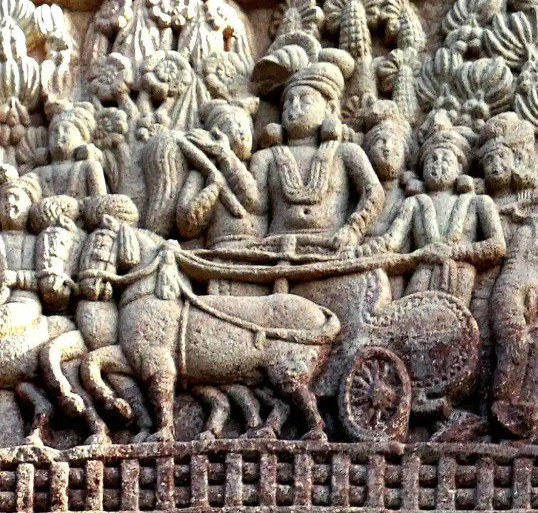 Sanchi rölyefi: Ashoka ve Budist misyonerlik. Arabasıyla Ramagrama’yı ziyaret ediyor (MÖ 1. yüzyıl sonları / MS 1. yüzyıl)
