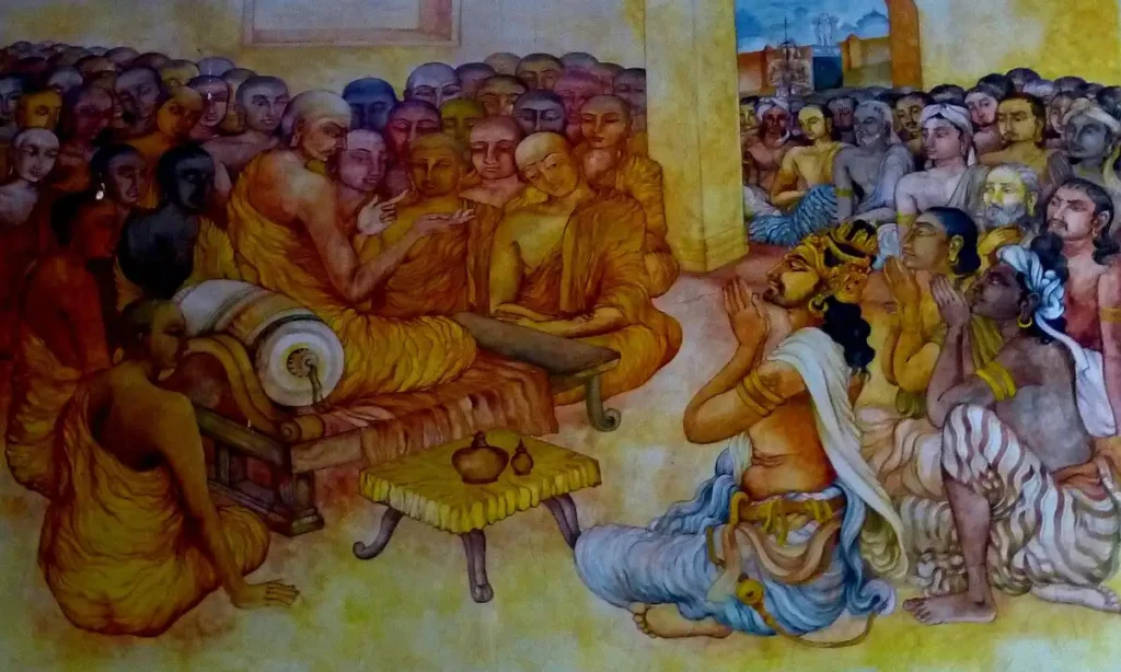 Nava Jetavana, Shravasti’de Üçüncü Budist Konsey’de Ashoka ve Moggaliputta-Tissa tasviri