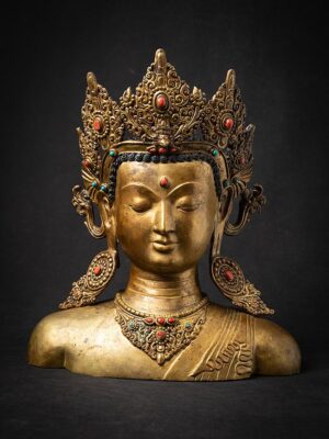 Eski bronz Nepal Buda başı 24 ayar altın yaldızlı ve değerli taş işlemeli, 20. yüzyıl ortası yüksek kaliteli sanat eseri