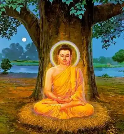 Bodhi ağacı altında meditasyon yapan ve Nirvana ve aydınlanma ile ilgili Buda resmi