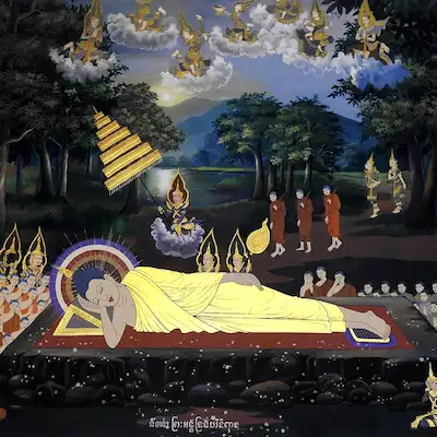 Nirvana’ya ulaşırken huzur içinde uzanan Buda tablosu