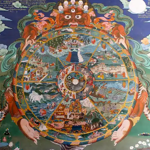 Karma ve yeniden doğuşu simgeleyen Lama Thanka, detaylı Tibet budist ritüel resmi