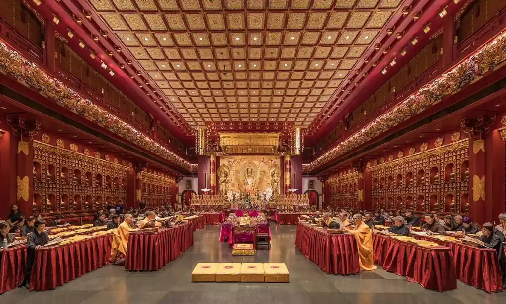 Singapur Buddha Tooth Relic Temple’da dua eden Budist rahipler ve rahibeler. Budizm din midir soru ve cevaplarını arıyorlar.