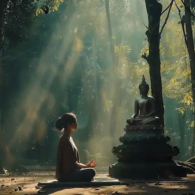 Buda heykeli önünde meditasyon yapan kadın, huzur ve spiritüel denge