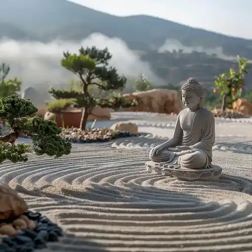 Zen bahçesinde meditasyon yapan Buda heykeli, huzur ve farkındalık simgesi