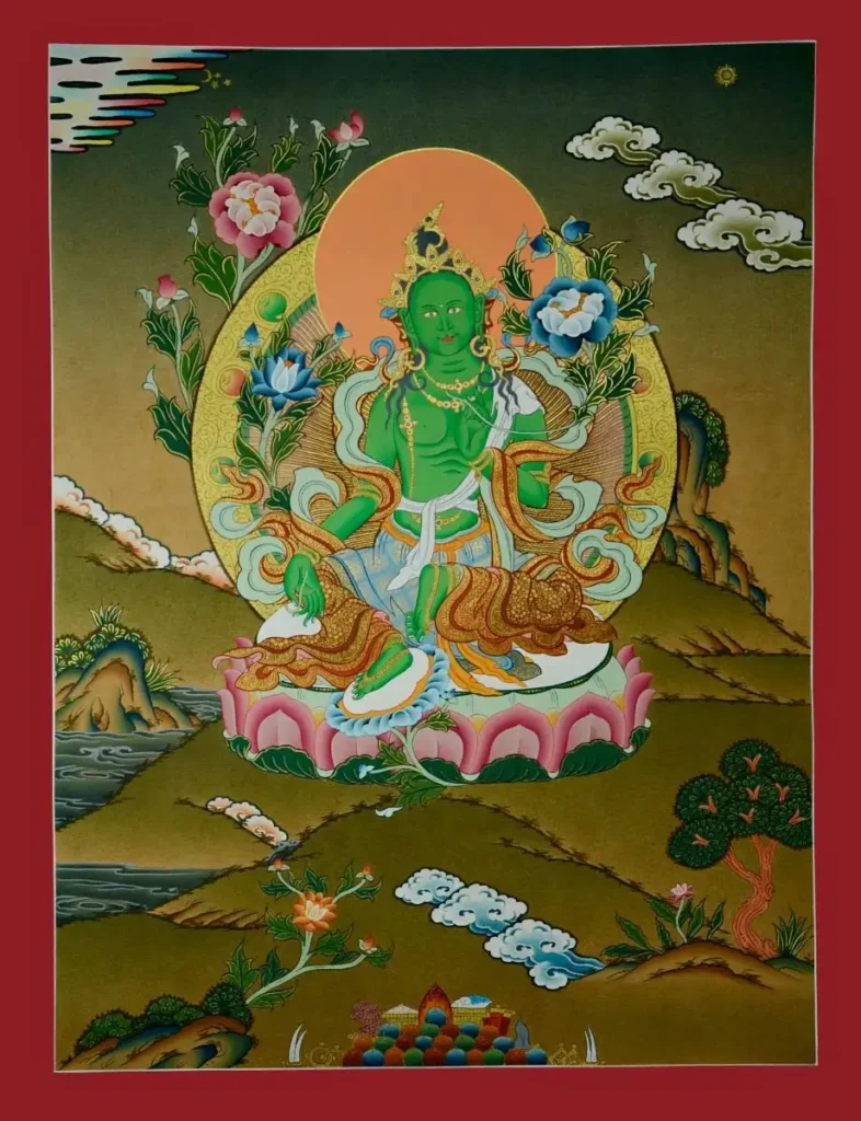 Yeşil Tara Thangka resmi, ipek üzerine işlenmiş orijinal Budist thangka eseri.