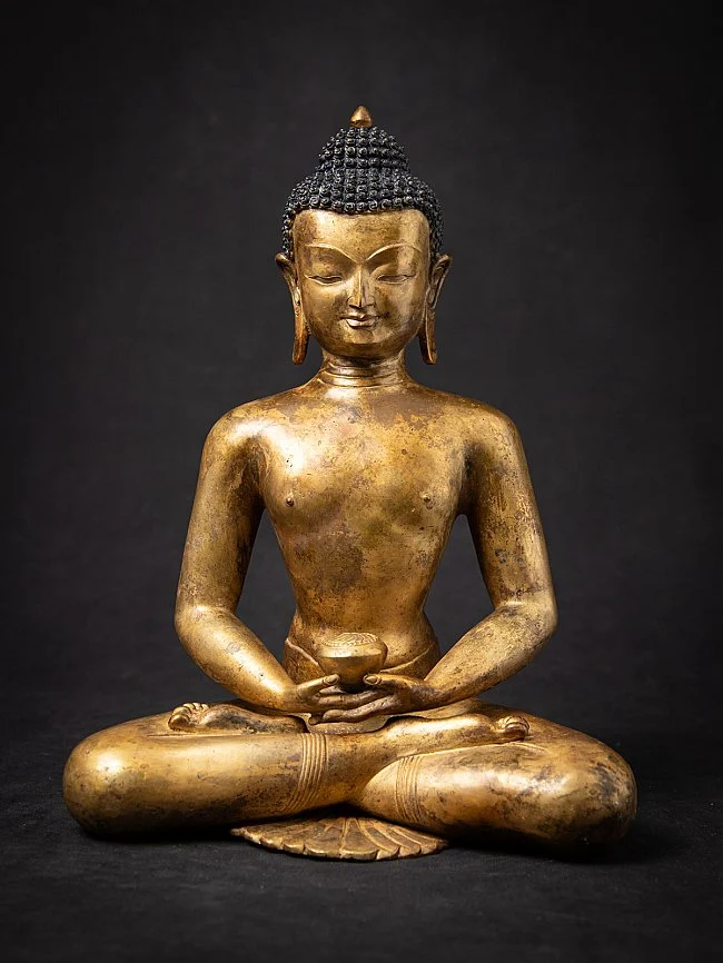 Orta 20. yüzyıl Nepal bronz Buda heykeli, Dhyana mudra, 35,5 cm yüksekliğinde, 24 krt. altın kaplama