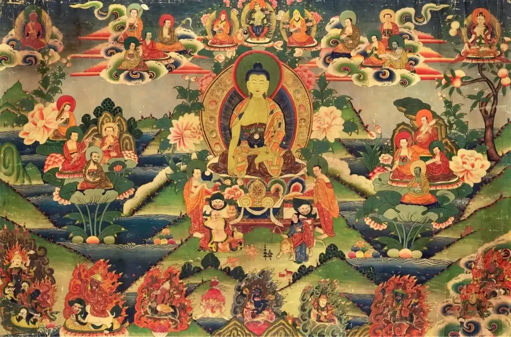 Shakyamuni Buda’yı betimleyen antika thangka, ipek üzerine işlenmiş özgün Budist thangka eseri.