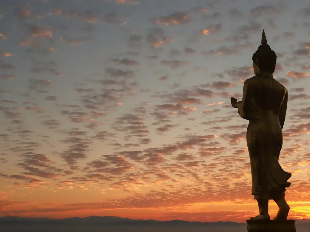 Ufka doğru bakan ayakta duran Budist Buda heykeli, budizm'de acı kavramını simgeliyor.