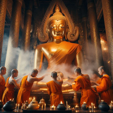 Çok sayıda Budist rahip, büyük bir Buda heykelinin tozunu alırken temizlik ritüeli gerçekleştiriyor.