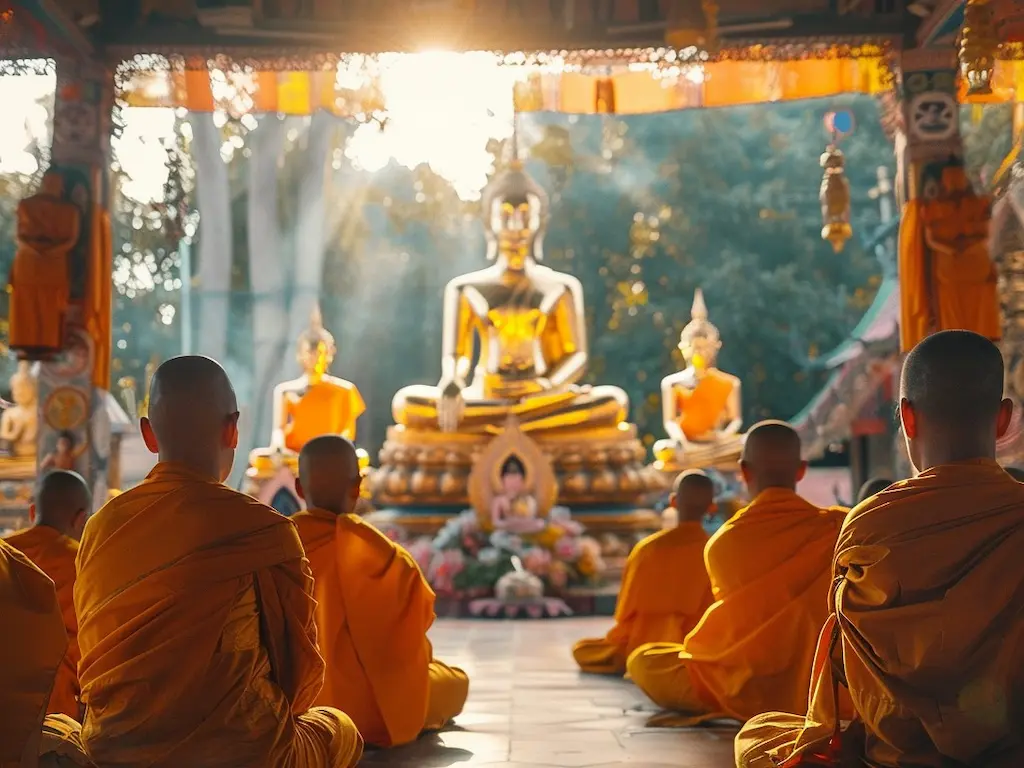 Buda heykeli önünde meditasyon yapan rahipler – Budizm’in Temel İnançları’nı yaşatan huzurlu bir an.