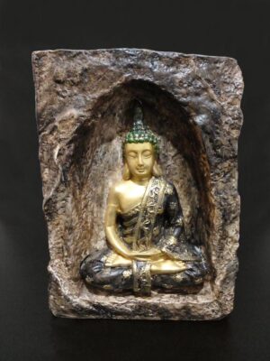 Kahverengi mağara içinde altın-siyah Buda mumluk, el boyama taş tozu dekoratif Buda heykeli, iki tealight mumluklu - Vitrin fotoğrafı