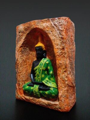 Lotus Pozisyonunda Meditasyon Yapan Buda Mumluk, el boyama taş tozu dekoratif Buda heykeli, iki tealight mumluklu - sol önden görünüm - vitrin fotoğrafı