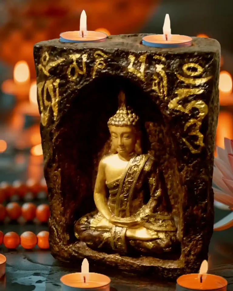 Om Mani Padme Hum Mantralı Buda mumluk, tepesinde ve önünde mumlar yanıyor.